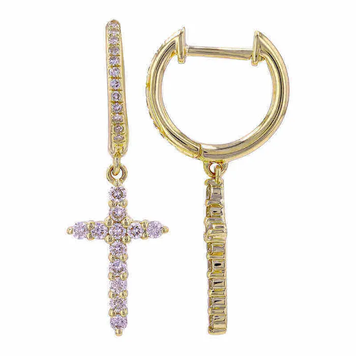 14K Gold Micro Pave Diamond Cross Dangling Huggie Earrings Izakov Diamonds Fine Jewelry Earrings