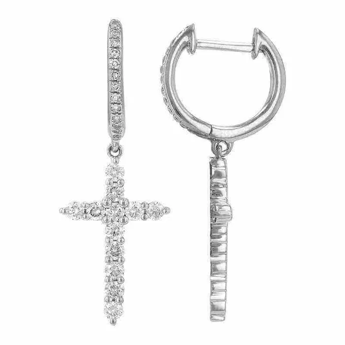14K Gold Micro Pave Diamond Cross Dangling Huggie Earrings Izakov Diamonds Fine Jewelry Earrings