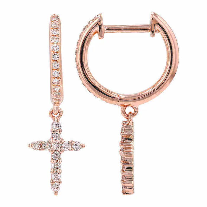 14K Gold Micro Pave Diamond Cross Dangling Huggie Earrings Izakov Diamonds Fine Jewelry Earrings