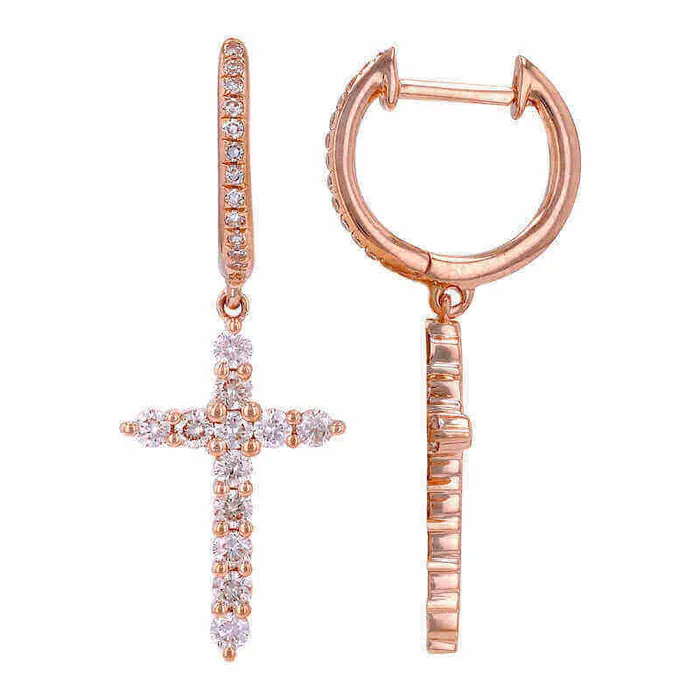 14K Gold Micro Pave Diamond Cross Dangling Huggie Earrings Izakov Diamonds Fine Jewelry Earrings