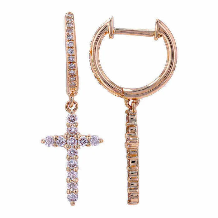 14K Gold Micro Pave Diamond Cross Dangling Huggie Earrings Izakov Diamonds Fine Jewelry Earrings