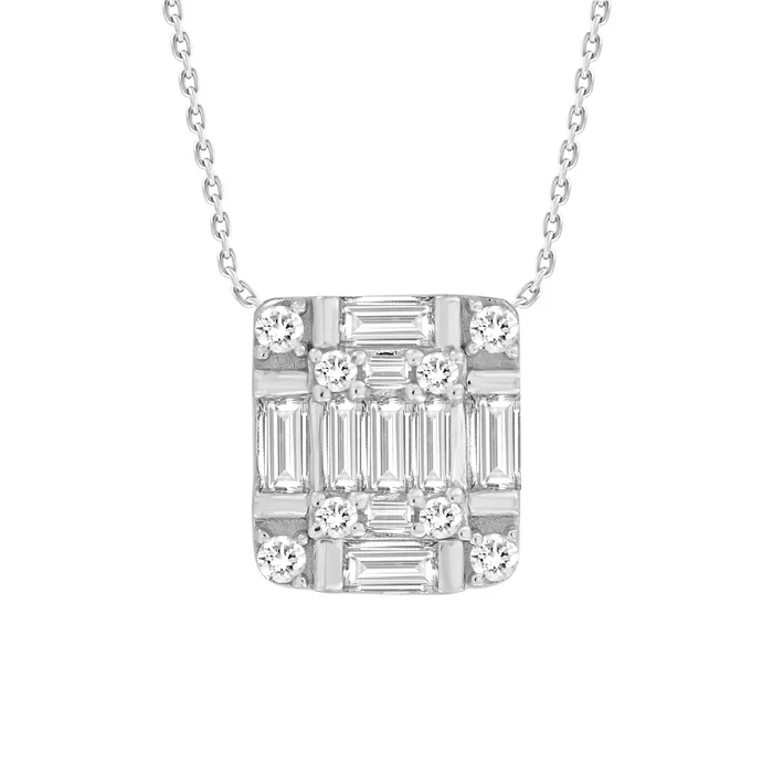 AV Necklaces LADIES PENDANT WITH CHAIN 025CT ROUNDBAGUETTE DIAMOND 14K WHITE GOLD AV Necklaces LADIES PENDANT WITH CHAIN 025CT ROUNDBAGUETTE DIAMOND 14K WHITE GOLD