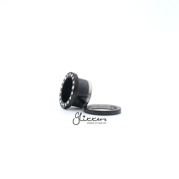 Black Titanium IP Surgical Steel Crystal Ear Screw On Flesh Tunnels Glitters Earrings