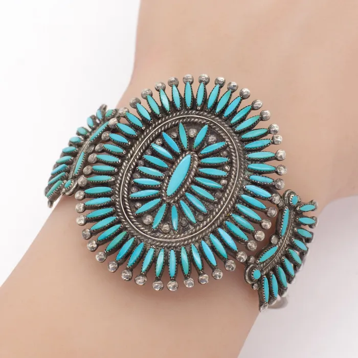 Bracelets Crown Jewels Coin Handmade Sterling Silver Turquoise Needlepoint Cuff Bracelet Hallmark Unknown