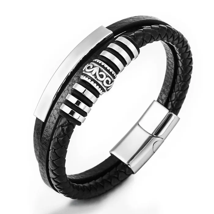Bracelets Multilayer Leather Bracelet with ID Plate Glitters