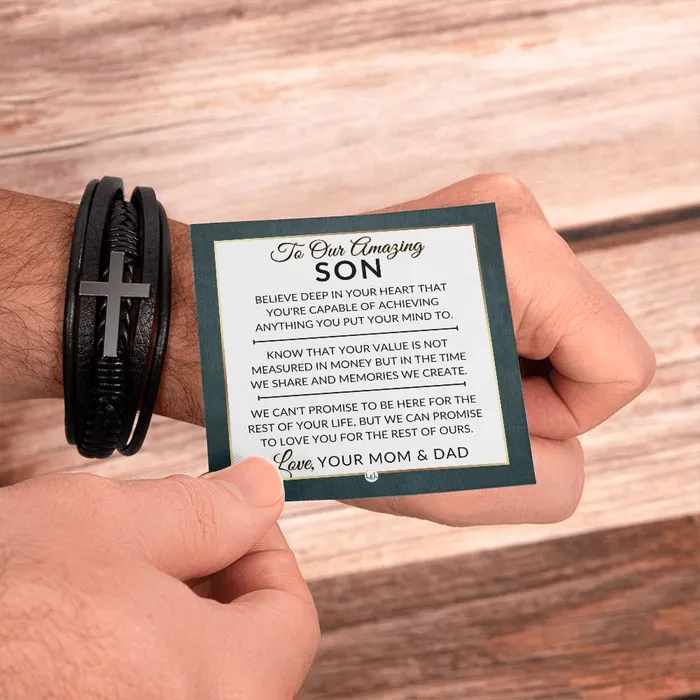 Bracelets ShineOn Fulfillment Son Gift From Mom and Dad You Can Achieve Anything Mens Braided Leather Bracelet with Cross Christmas Gift or A Birthday Present For Him Bracelets ShineOn Fulfillment Son Gift From Mom and Dad You Can Achieve Anything Mens Braided Leather Bracelet with Cross Christmas Gift or A Birthday Present For Him