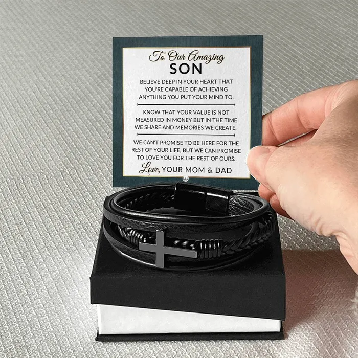 Bracelets ShineOn Fulfillment Son Gift From Mom and Dad You Can Achieve Anything Mens Braided Leather Bracelet with Cross Christmas Gift or A Birthday Present For Him