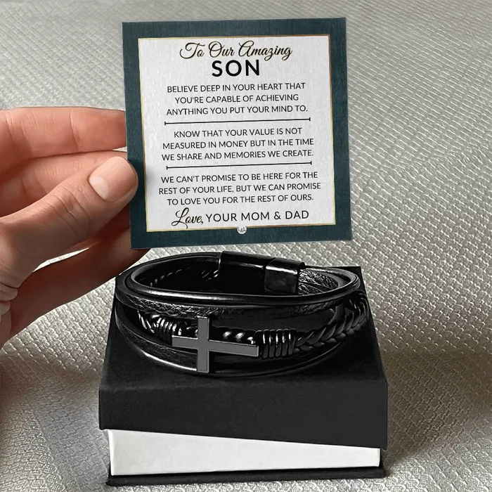 Bracelets ShineOn Fulfillment Son Gift From Mom and Dad You Can Achieve Anything Mens Braided Leather Bracelet with Cross Christmas Gift or A Birthday Present For Him
