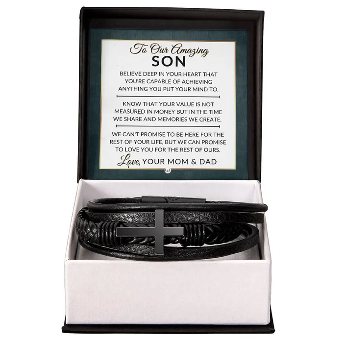 Bracelets ShineOn Fulfillment Son Gift From Mom and Dad You Can Achieve Anything Mens Braided Leather Bracelet with Cross Christmas Gift or A Birthday Present For Him