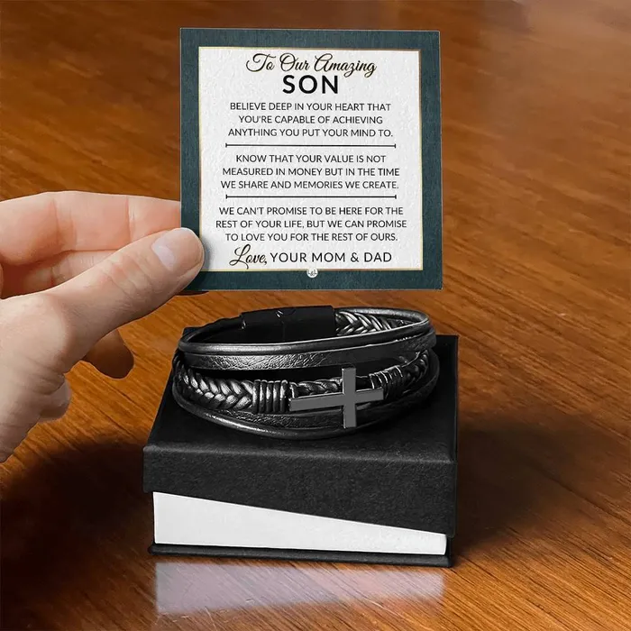 Bracelets ShineOn Fulfillment Son Gift From Mom and Dad You Can Achieve Anything Mens Braided Leather Bracelet with Cross Christmas Gift or A Birthday Present For Him