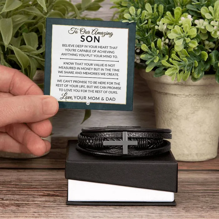 Bracelets ShineOn Fulfillment Son Gift From Mom and Dad You Can Achieve Anything Mens Braided Leather Bracelet with Cross Christmas Gift or A Birthday Present For Him