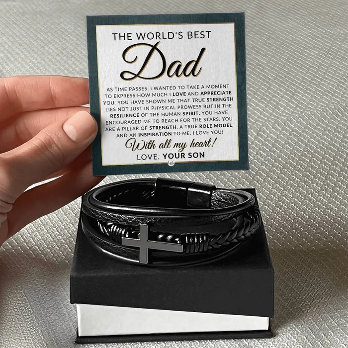 Bracelets ShineOn Fulfillment Worlds Best Dad From Son Mens Braided Leather Bracelet with Cross Great Christmas Gift Birthday Present or Fathers Day Gift For Him
