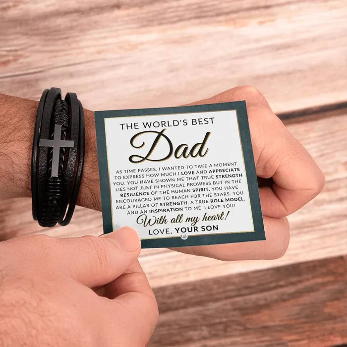 Bracelets ShineOn Fulfillment Worlds Best Dad From Son Mens Braided Leather Bracelet with Cross Great Christmas Gift Birthday Present or Fathers Day Gift For Him