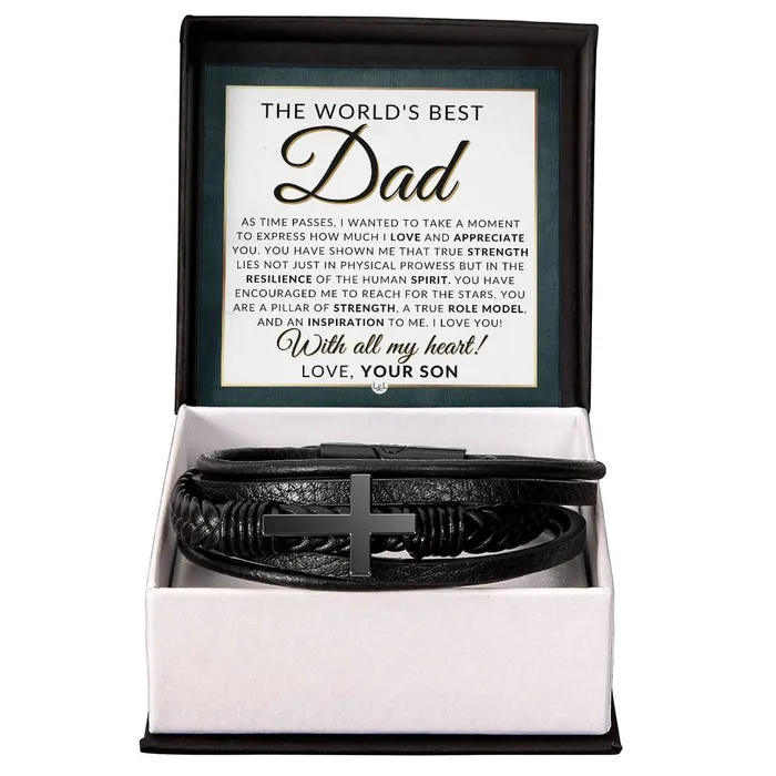 Bracelets ShineOn Fulfillment Worlds Best Dad From Son Mens Braided Leather Bracelet with Cross Great Christmas Gift Birthday Present or Fathers Day Gift For Him