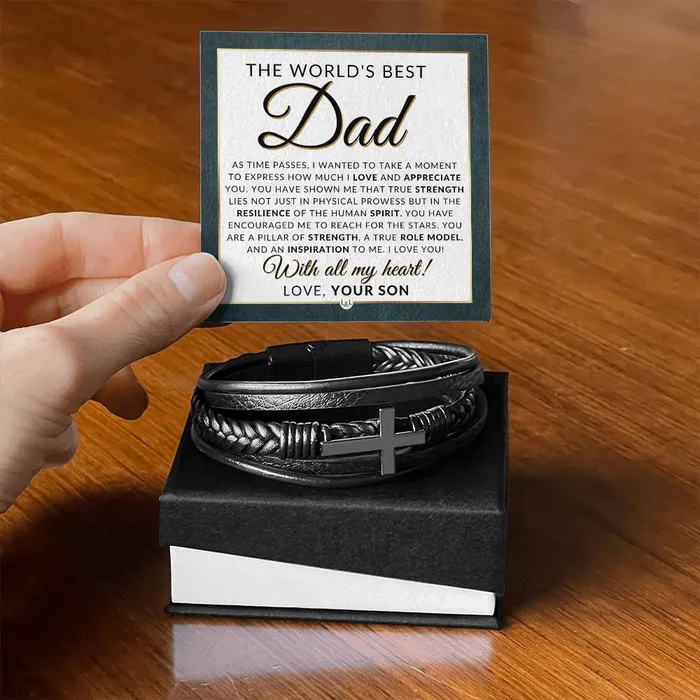 Bracelets ShineOn Fulfillment Worlds Best Dad From Son Mens Braided Leather Bracelet with Cross Great Christmas Gift Birthday Present or Fathers Day Gift For Him