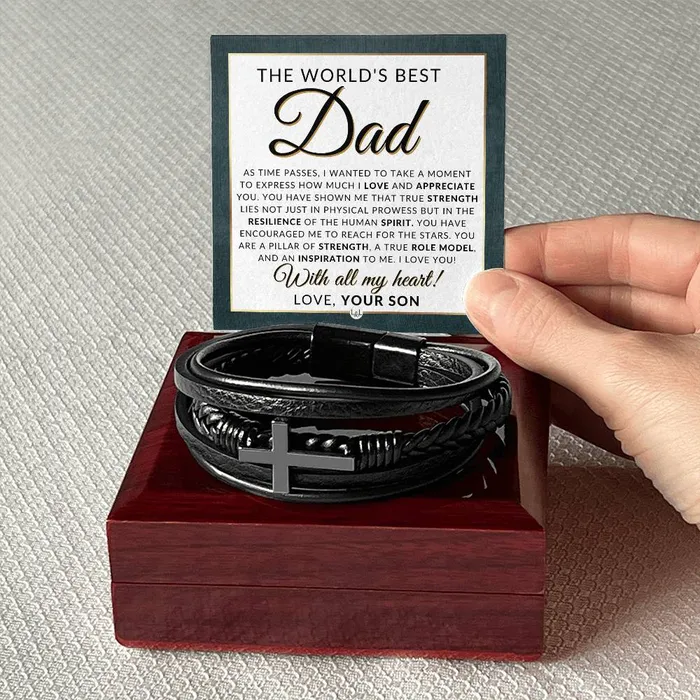 Bracelets ShineOn Fulfillment Worlds Best Dad From Son Mens Braided Leather Bracelet with Cross Great Christmas Gift Birthday Present or Fathers Day Gift For Him