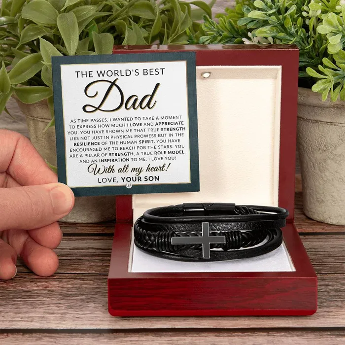 Bracelets ShineOn Fulfillment Worlds Best Dad From Son Mens Braided Leather Bracelet with Cross Great Christmas Gift Birthday Present or Fathers Day Gift For Him
