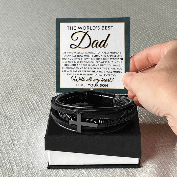 Bracelets ShineOn Fulfillment Worlds Best Dad From Son Mens Braided Leather Bracelet with Cross Great Christmas Gift Birthday Present or Fathers Day Gift For Him