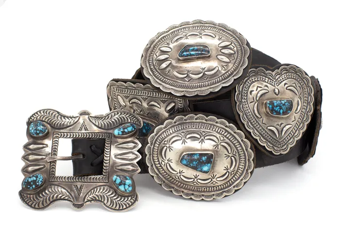 Crown Jewels Coin Geraldine Yazzie Navajo Handmade Natural Bizbee Turquoise Sterling Silver Concho Belt Necklaces Crown Jewels Coin Geraldine Yazzie Navajo Handmade Natural Bizbee Turquoise Sterling Silver Concho Belt Necklaces
