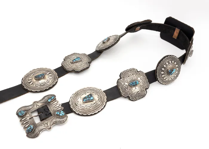 Crown Jewels Coin Geraldine Yazzie Navajo Handmade Natural Bizbee Turquoise Sterling Silver Concho Belt Necklaces