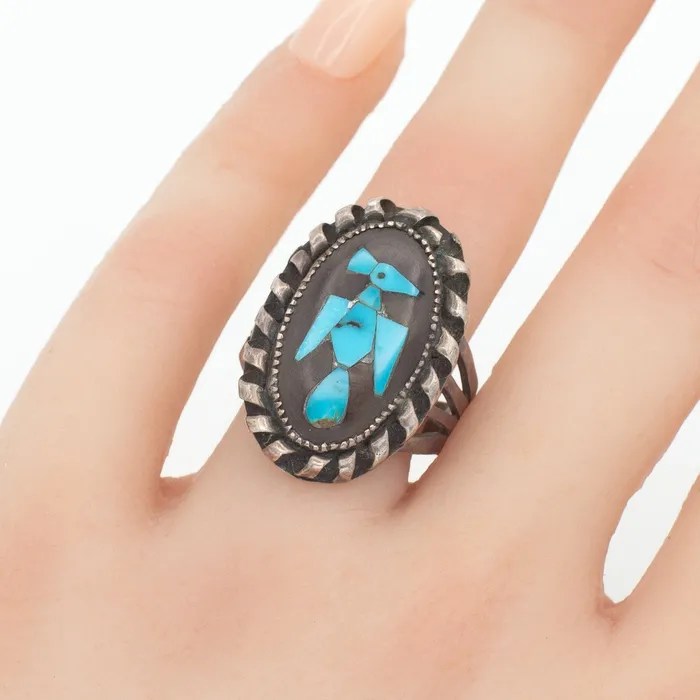 Crown Jewels Coin Rings Navajo Handmade Sterling Silver Turquoise Ring Hallmark Unknown Size 95