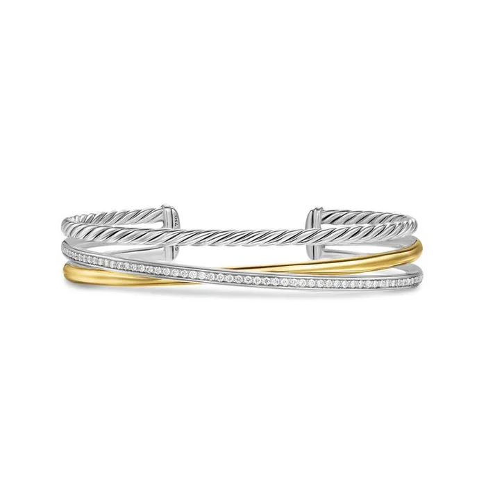 DAVID YURMAN INC Bracelets David Yurman Crossover Three Row Bracelet in Sterling Silver with Yellow Gold and Diamonds 11mm DAVID YURMAN INC Bracelets David Yurman Crossover Three Row Bracelet in Sterling Silver with Yellow Gold and Diamonds 11mm