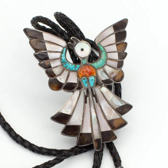 Dixon Shebala Zuni Handmade Sterling Silver MultiInlay Bolo Tie Crown Jewels Coin Rings Dixon Shebala Zuni Handmade Sterling Silver MultiInlay Bolo Tie Crown Jewels Coin Rings