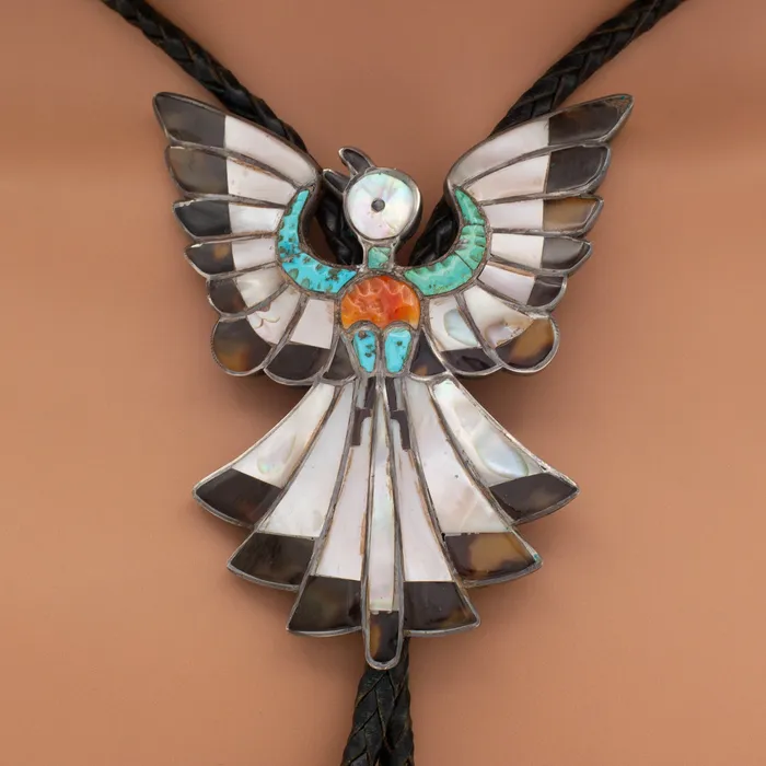 Dixon Shebala Zuni Handmade Sterling Silver MultiInlay Bolo Tie Crown Jewels Coin Rings