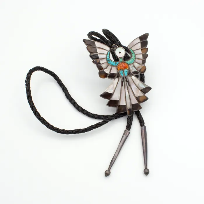 Dixon Shebala Zuni Handmade Sterling Silver MultiInlay Bolo Tie Crown Jewels Coin Rings