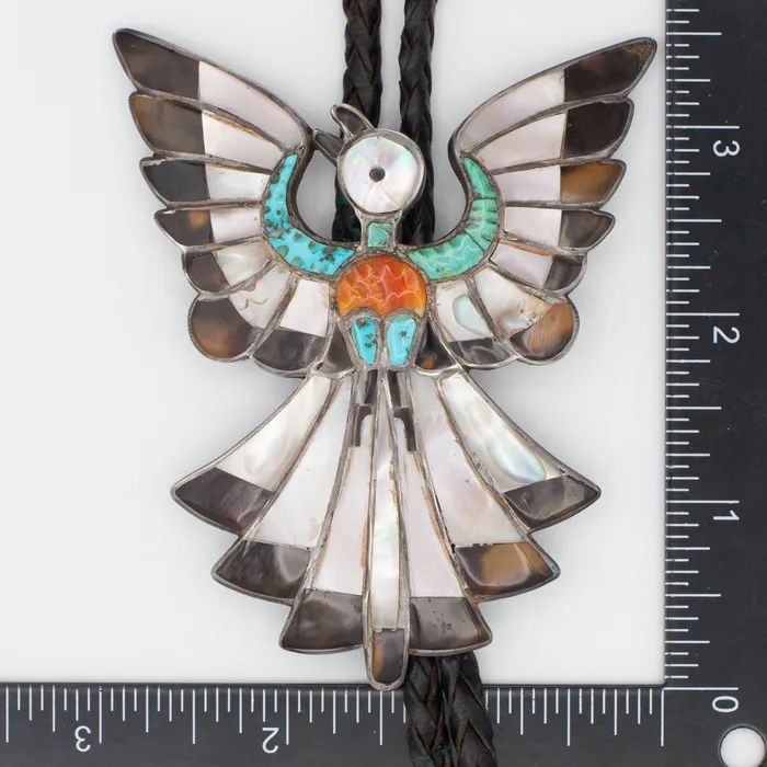 Dixon Shebala Zuni Handmade Sterling Silver MultiInlay Bolo Tie Crown Jewels Coin Rings