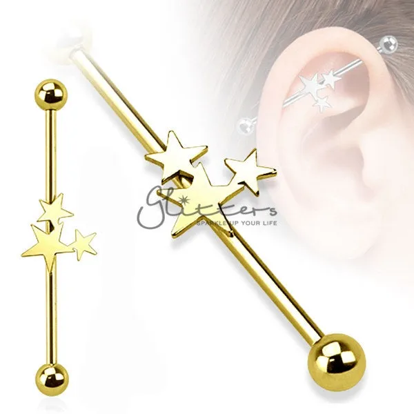 Earrings 14GA 316L Surgical Steel Three Stars Industrial Barbells Glitters