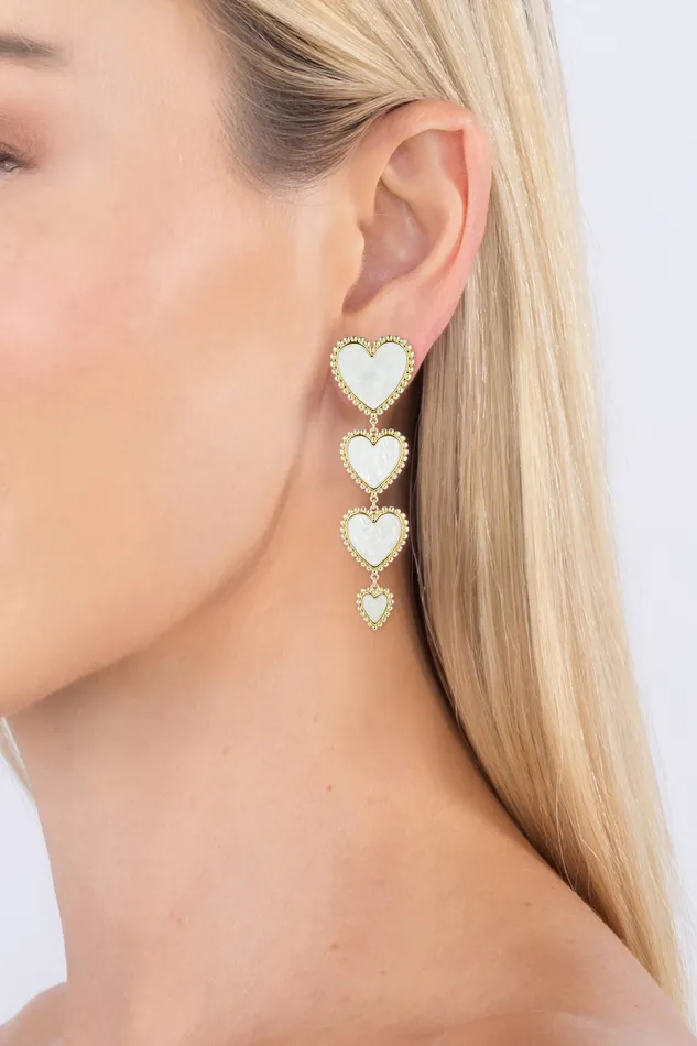 Earrings Eye Candy LA White Heart Linear Drop Earrings