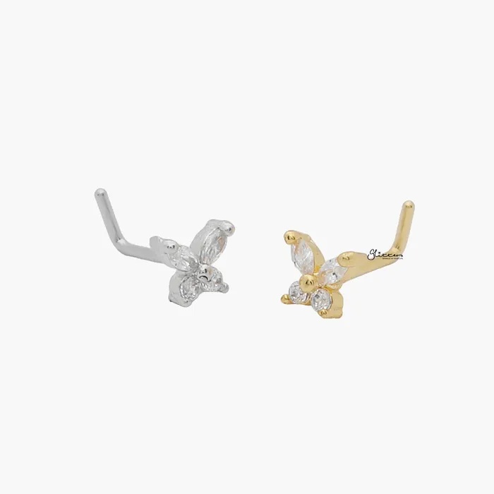 Earrings Glitters CZ Butterfly L Bend Nose Stud Silver