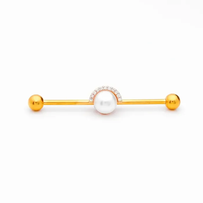 Earrings Pearl and Half CZ Rim Edge Industrial Barbell Gold Glitters