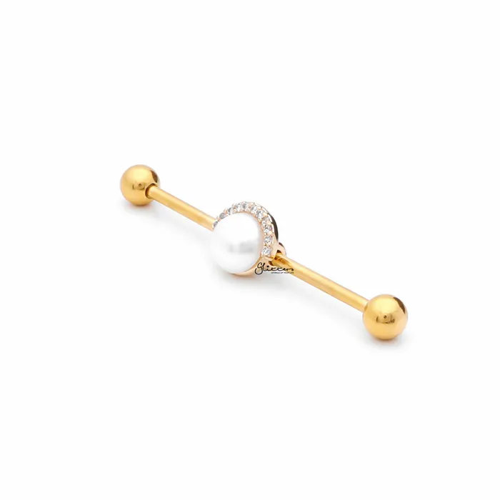 Earrings Pearl and Half CZ Rim Edge Industrial Barbell Gold Glitters