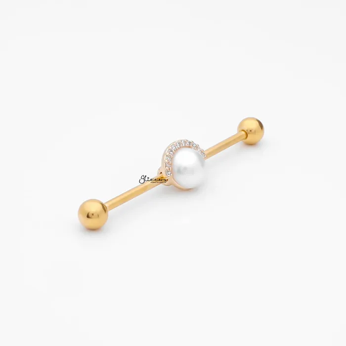 Earrings Pearl and Half CZ Rim Edge Industrial Barbell Gold Glitters