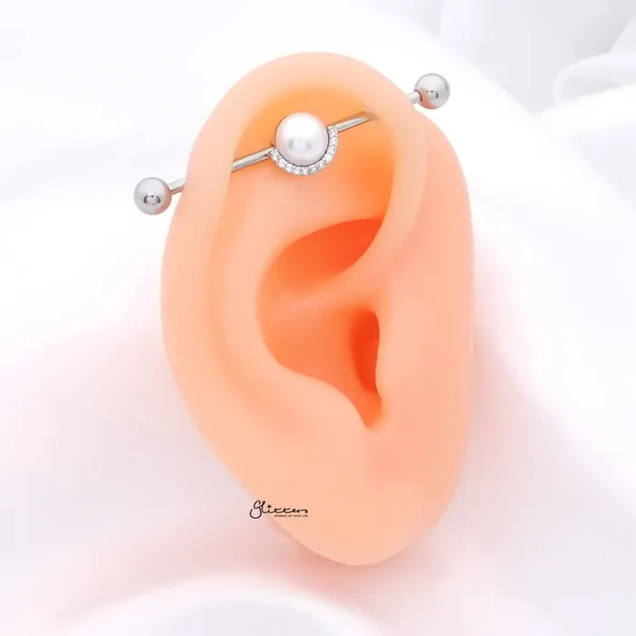 Earrings Pearl and Half CZ Rim Edge Industrial Barbell Gold Glitters
