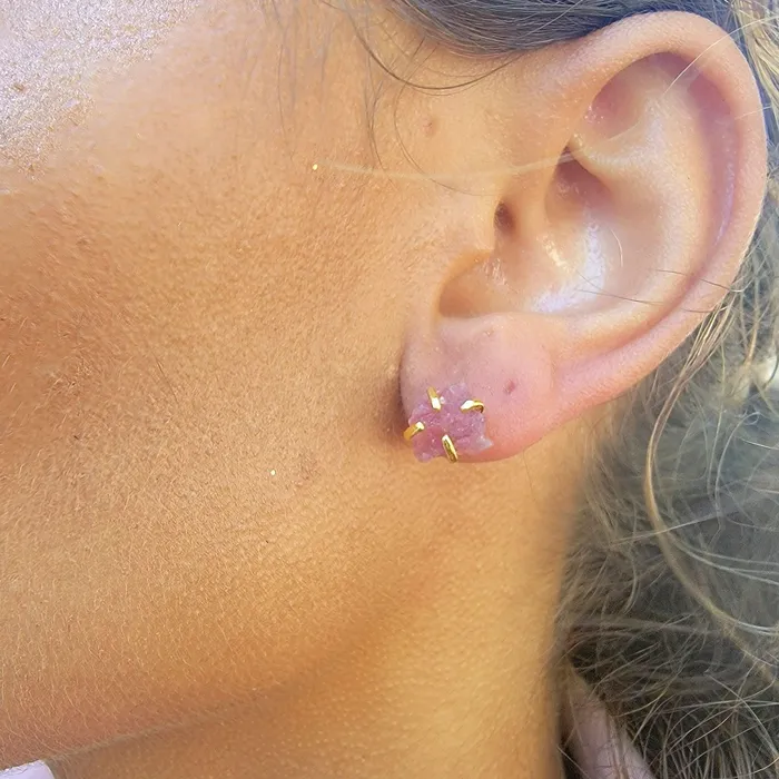 Earrings Raw Pink Tourmaline Stud Earrings Uniquelan Jewelry