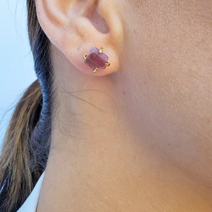 Earrings Raw Pink Tourmaline Stud Earrings Uniquelan Jewelry