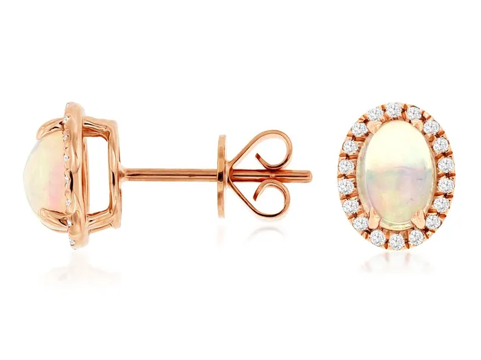 Earrings ROYAL JEWELRY MFG INC Royal 14K Rose Gold 119ctw Halo Style Oval Cabochon Opal and Diamond Earrings Earrings ROYAL JEWELRY MFG INC Royal 14K Rose Gold 119ctw Halo Style Oval Cabochon Opal and Diamond Earrings