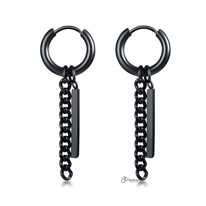 Earrings Stainless Steel Drop Bar with Chain Huggie Hoop Earrings Black Glitters Earrings Stainless Steel Drop Bar with Chain Huggie Hoop Earrings Black Glitters