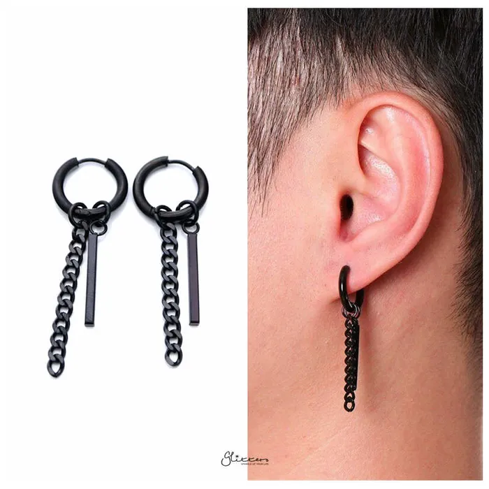Earrings Stainless Steel Drop Bar with Chain Huggie Hoop Earrings Black Glitters