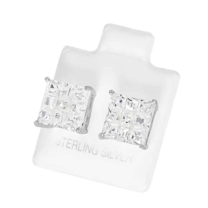 Earrings Teeda EZBIS090 Invisible Set Square CZ Stud Earrings Basket Setting 9mm