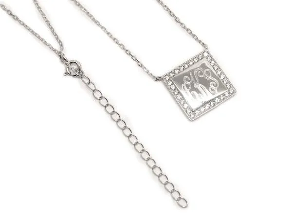 Engraved Jewelry Necklaces Sterling Silver Square Diamond Pendant Necklace