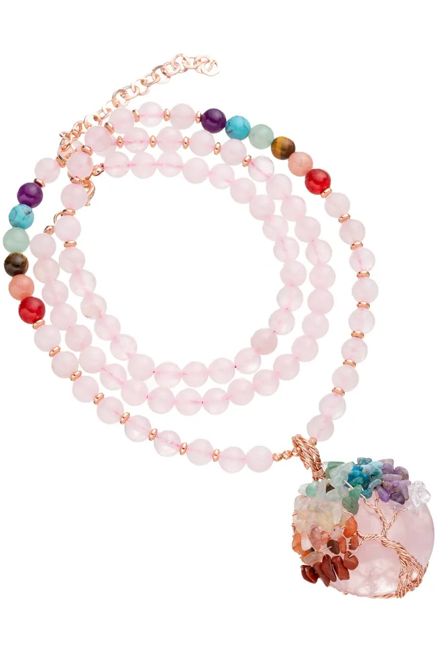 Eye Candy LA Necklaces Tree of Life Rose Quartz Pendant Necklace