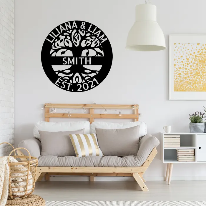 Family Tree Wall Art Custom Metal Sign Custom Text Ring and Banner My Easy Monogram Rings