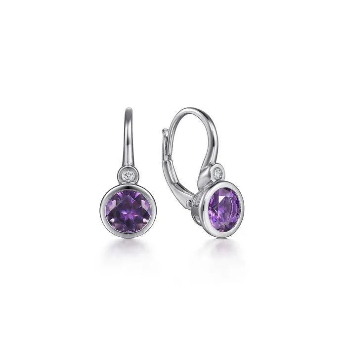 GABRIEL CO Earrings Gabriel Sterling Silver 157ctw Drop Bezel Style Round Amethyst and Diamond Earrings GABRIEL CO Earrings Gabriel Sterling Silver 157ctw Drop Bezel Style Round Amethyst and Diamond Earrings