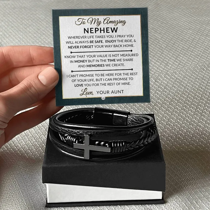Gift For Nephew From Aunt Never Forget Your Way Home Mens Braided Leather Bracelet with Cross Christmas Gift or A Birthday Present For Him ShineOn Fulfillment Bracelets Gift For Nephew From Aunt Never Forget Your Way Home Mens Braided Leather Bracelet with Cross Christmas Gift or A Birthday Present For Him ShineOn Fulfillment Bracelets