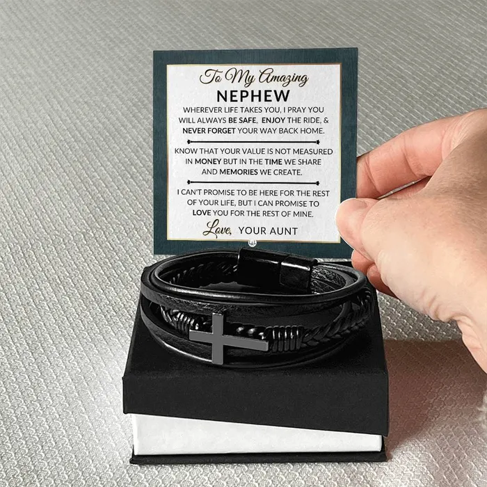 Gift For Nephew From Aunt Never Forget Your Way Home Mens Braided Leather Bracelet with Cross Christmas Gift or A Birthday Present For Him ShineOn Fulfillment Bracelets