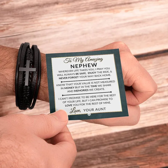 Gift For Nephew From Aunt Never Forget Your Way Home Mens Braided Leather Bracelet with Cross Christmas Gift or A Birthday Present For Him ShineOn Fulfillment Bracelets